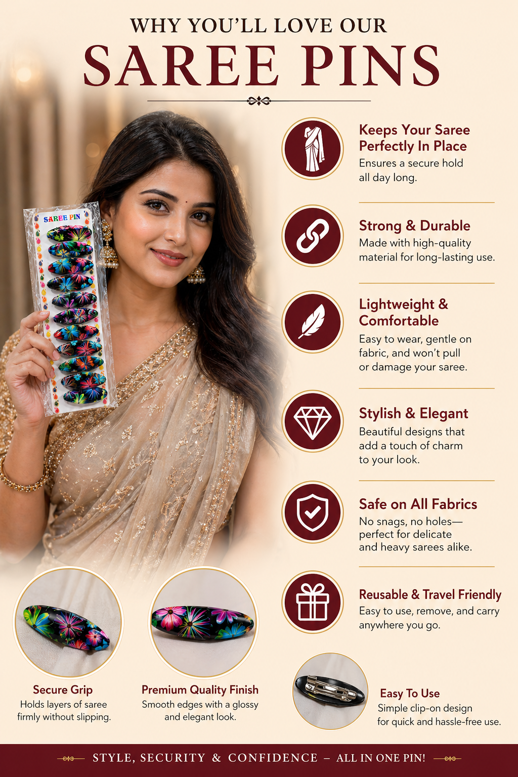 Saree Safety Pins Set (12 PCS)  5 packed  – Strong Hold & Rust-Free