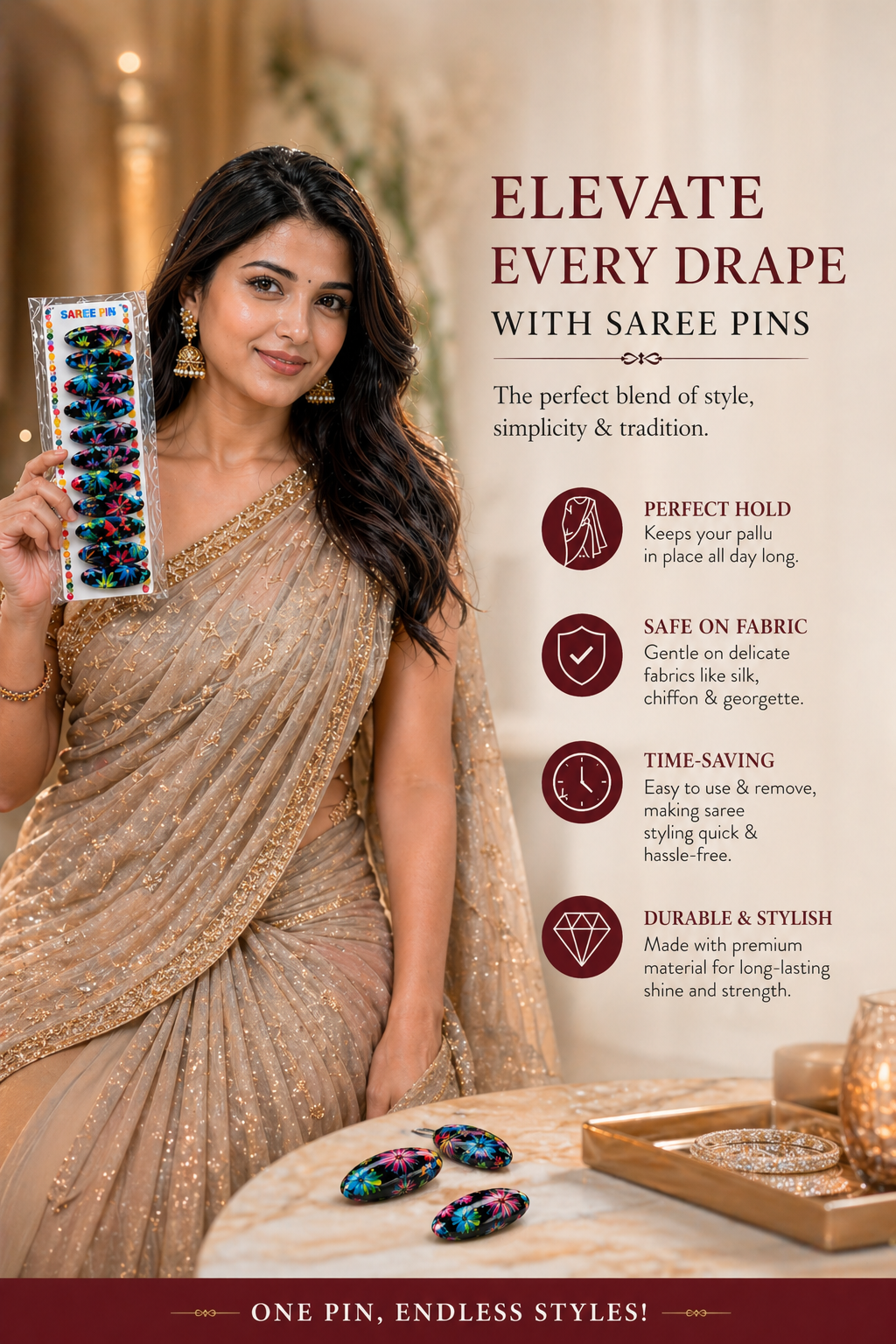 Saree Safety Pins Set (12 PCS)  5 packed  – Strong Hold & Rust-Free