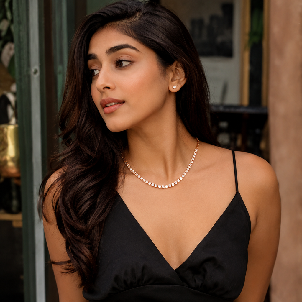 Stylish Necklace Set for Girls & Women | Diamond Finish | Silver & Rose Gold Combo