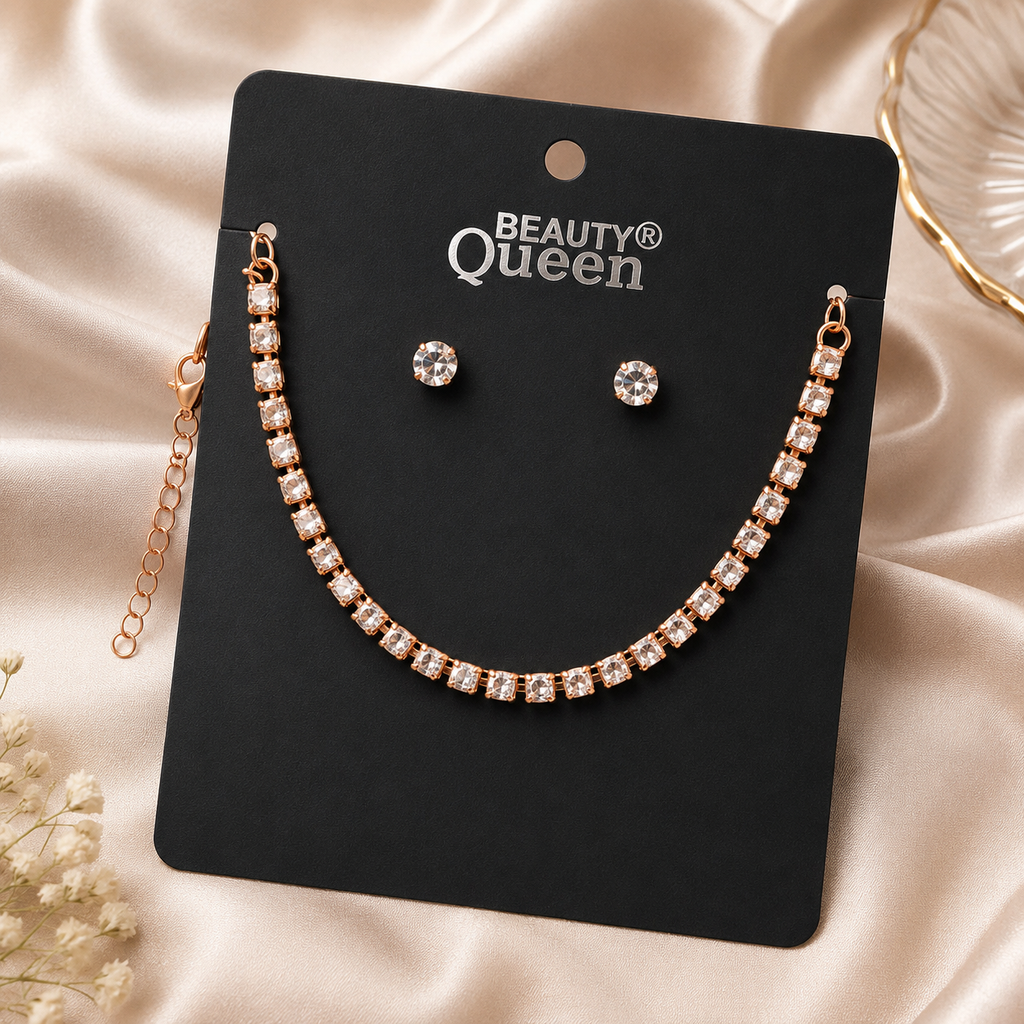 Stylish Necklace Set for Girls & Women | Diamond Finish | Silver & Rose Gold Combo