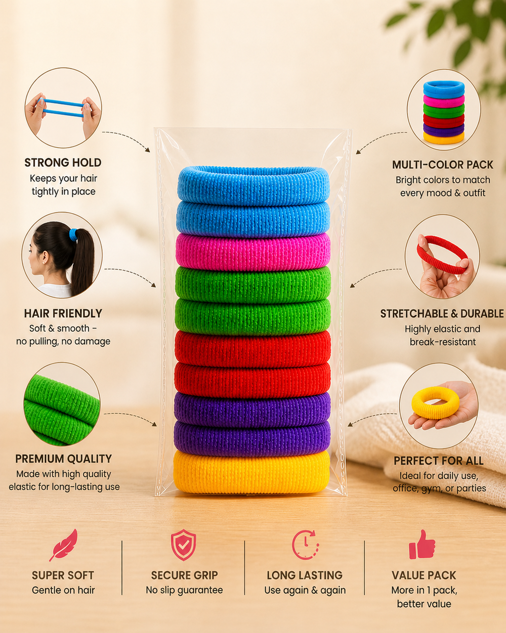 Hair Rubber Bands Pack of 10 – Soft Hold, No Hair Damage 5 pkd