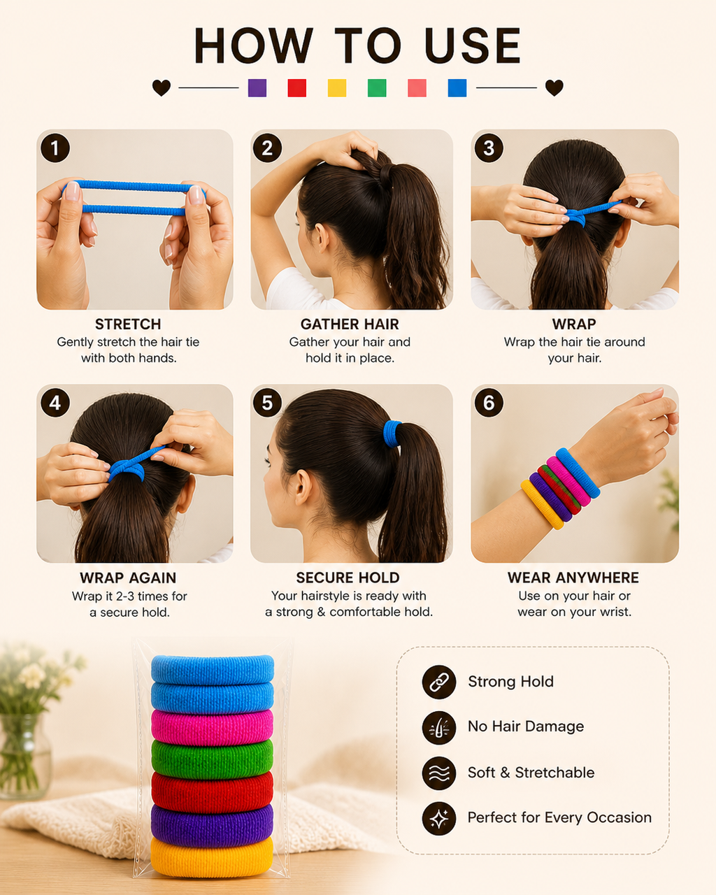 Hair Rubber Bands Pack of 10 – Soft Hold, No Hair Damage 5 pkd